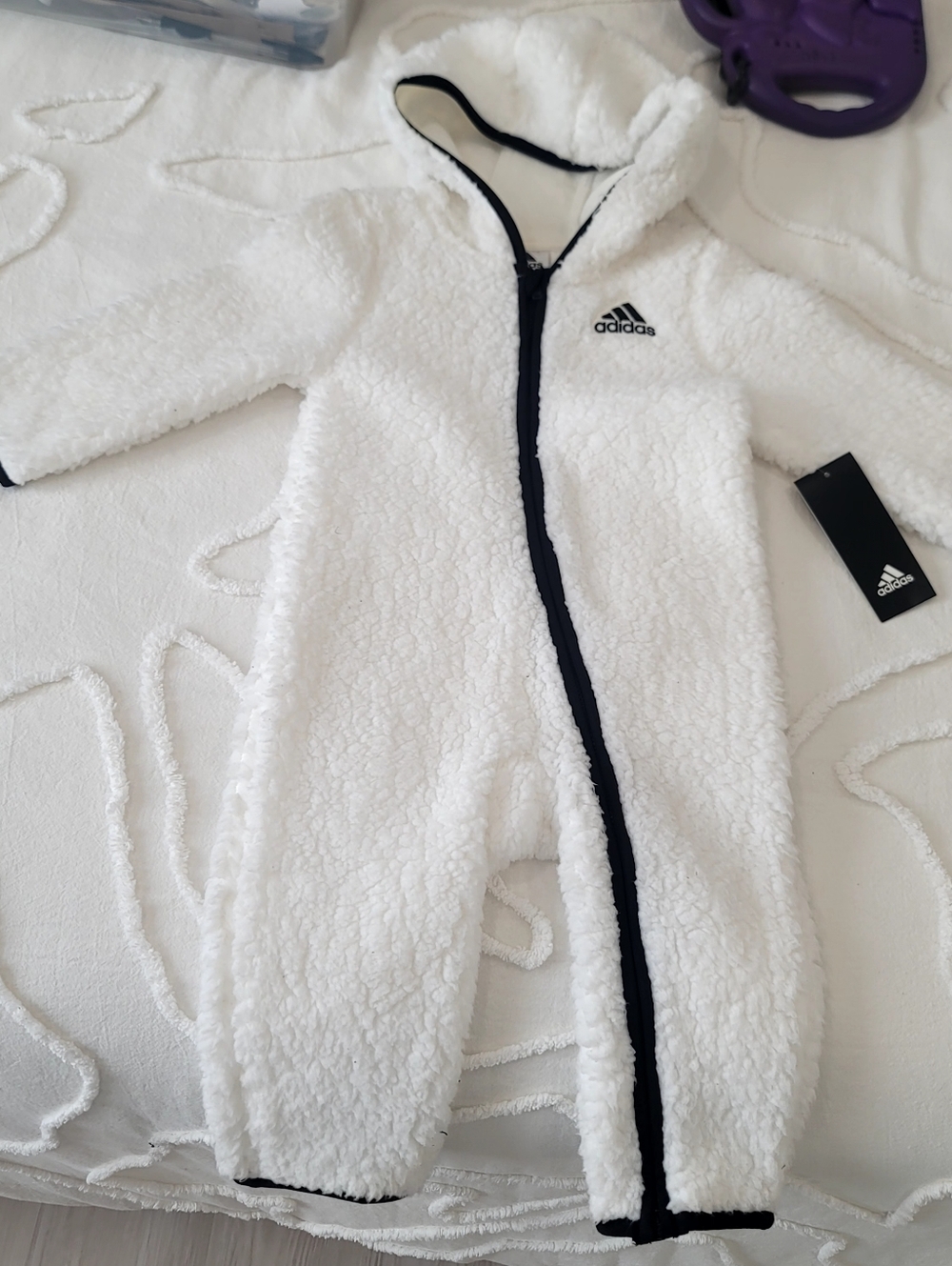 ​NWT Unisex Adidas Toddler Plush Sherpa Fleece Hooded Romper Jumpsuit 18M - Picture 2 of 13